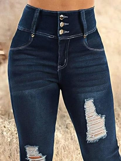 Women's Ripped Wide Leg Jeans, High Waisted Flare Fit With Distressed Details And Button Fly, Casual Stretch Denim Pants